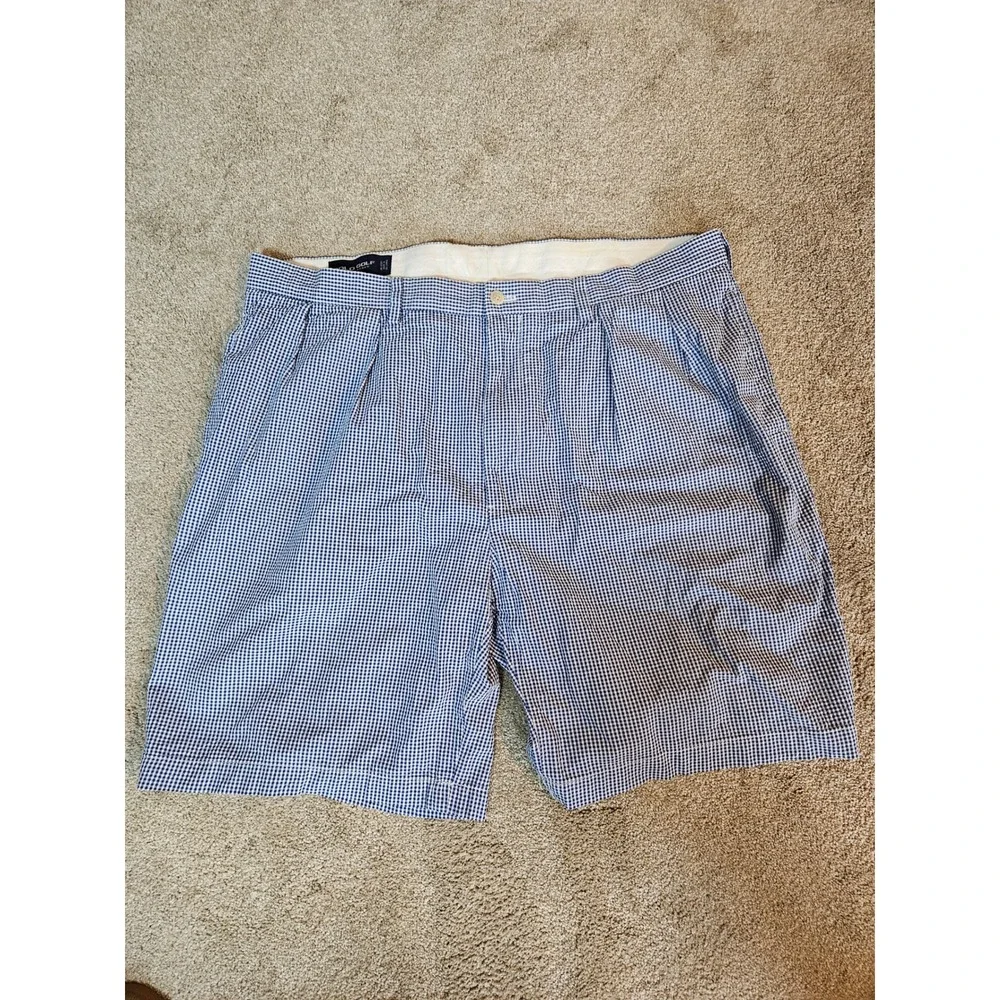 Polo Golf Ralph Lauren Shorts Mens Size‎ 40 Blue Gingham Pleated Cotton Preppy